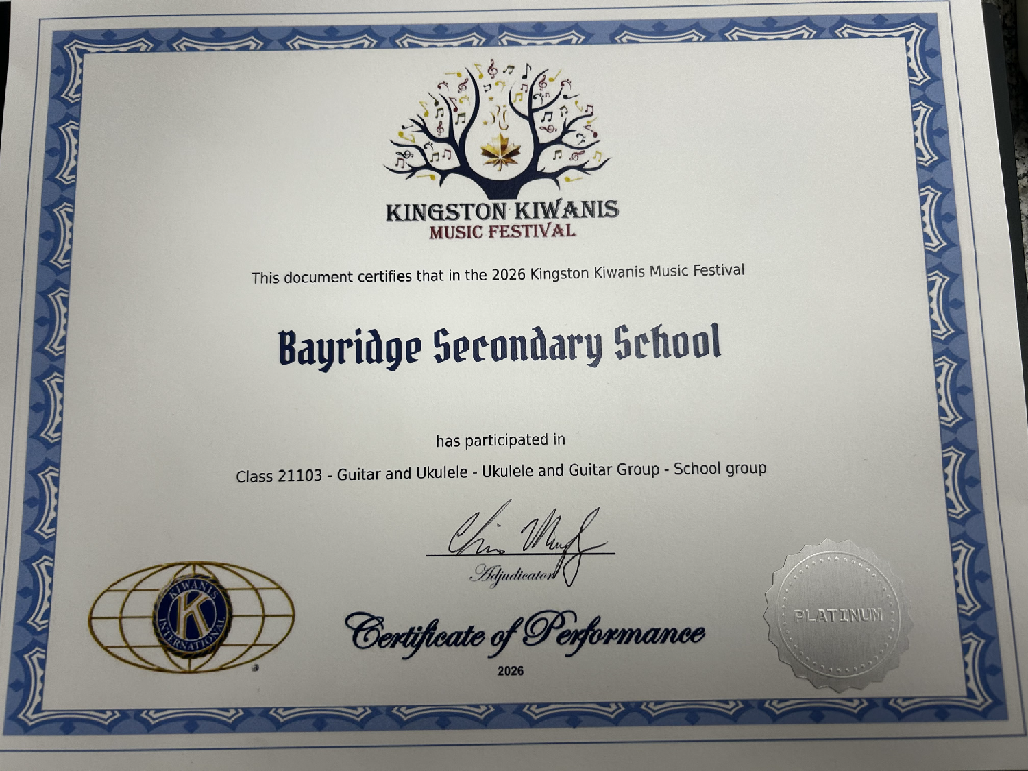Guitar At Kiwanis certificate